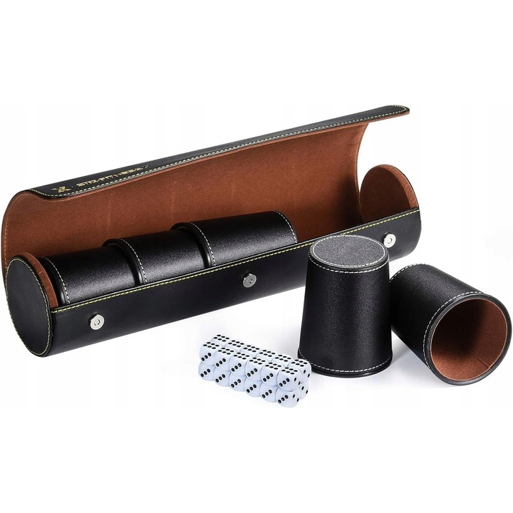 Set de 5 cupe din piele pentru jocuri de zaruri cu 25 de zaruri, etui exclusiv, 7,9x8,9cm, multicolor