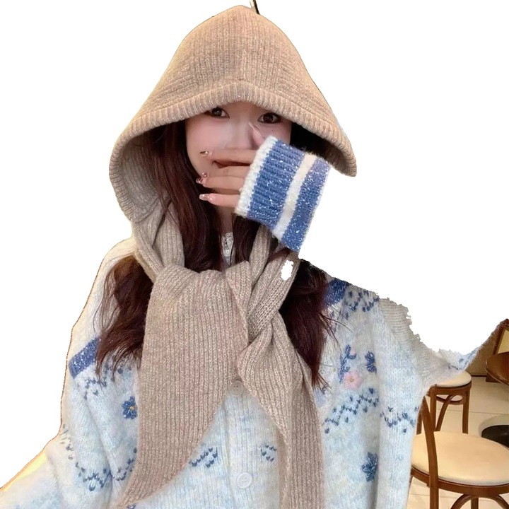 Плетена шапка и шал, модерен дизайн, полиестерен материал, каки