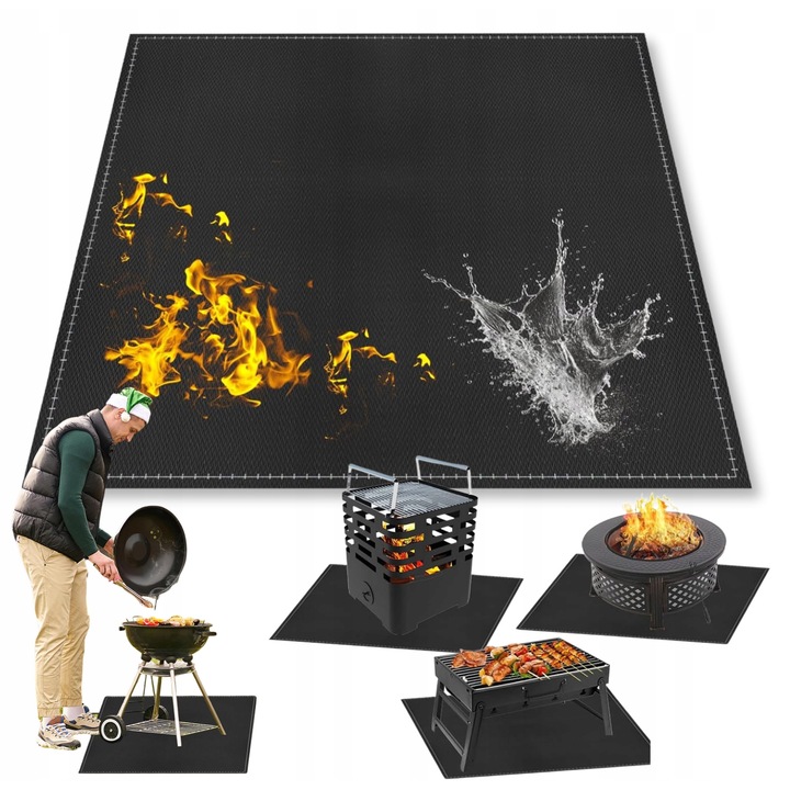 Mata Ognioodporna pentru Grill, 96x96 cm, 3-Warstwowa, Neagra, Set cu Torba Transportoare