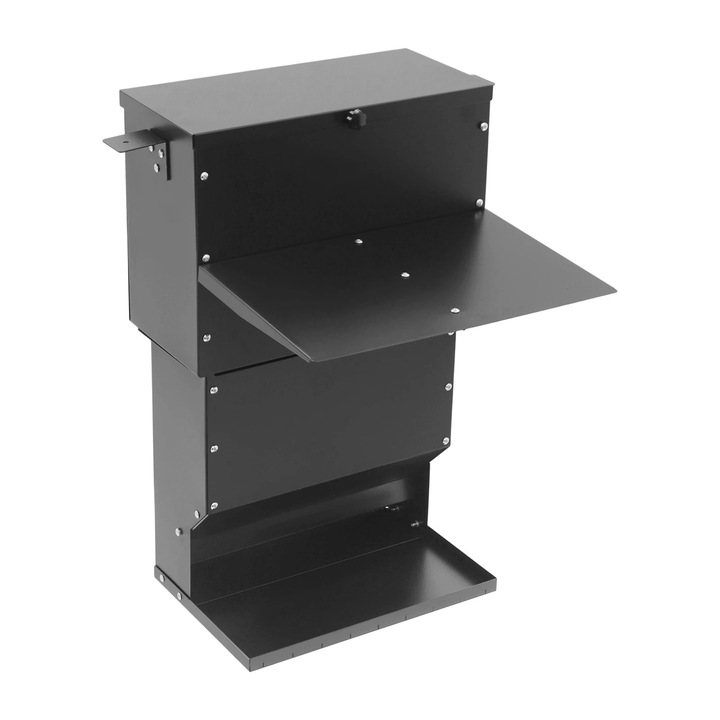 Hranitor pentru vanat/cerbi, Suspendat/independent, Rezistent la ploaie, Cu capac, Capacitate 27 kg, Otel carbon cu acoperire din plastic, Negru