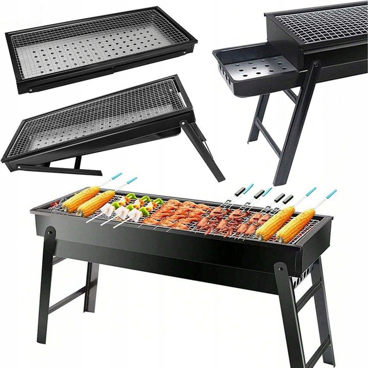 Grill turistic pliabil, 60x22x32cm, negru, pentru carbune/brykiet