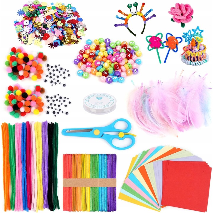 Set de artizanat, 280 diamante, 360 paiete, 100 foi origami, 50 bete colorate, 50 creioane colorate, 40 bete rotative, 2 seturi bile pentru par, 3-9 ani