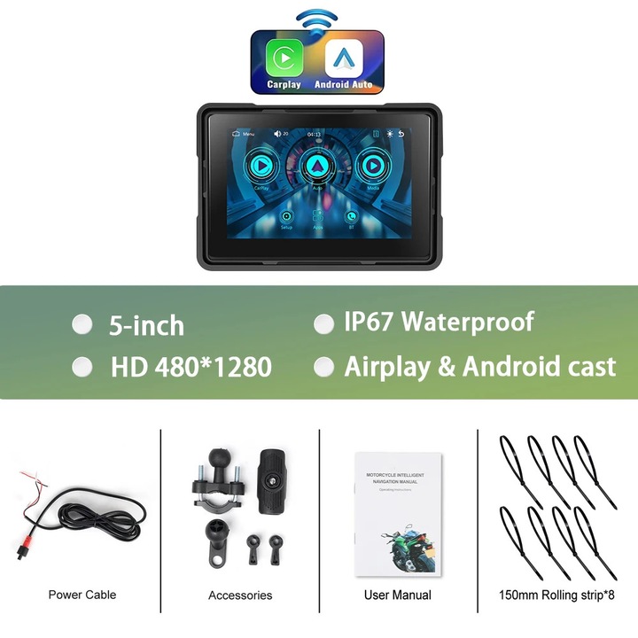 Autós CarPlay képernyő, 12,7 cm érintőképernyő, vezeték nélküli CarPlay, FM adó, USB, tolatókamera bemenet, 12 V