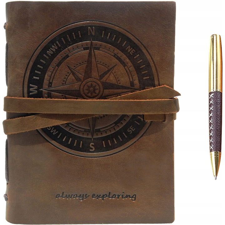 Jurnal din piele, design unic, 20x15cm, set cu stilou, crem-maro