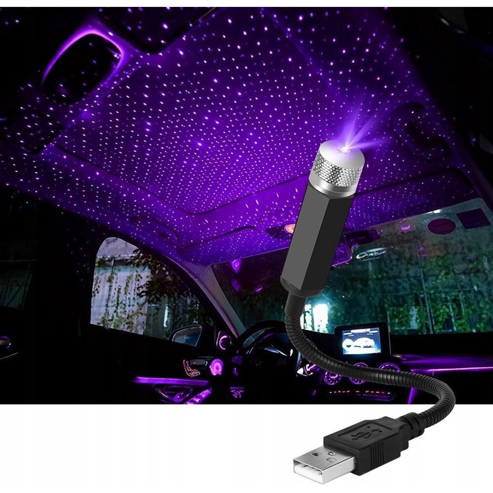 Lampa LED pentru iluminarea plafonului auto, proiector violet, alimentare USB, efect stele