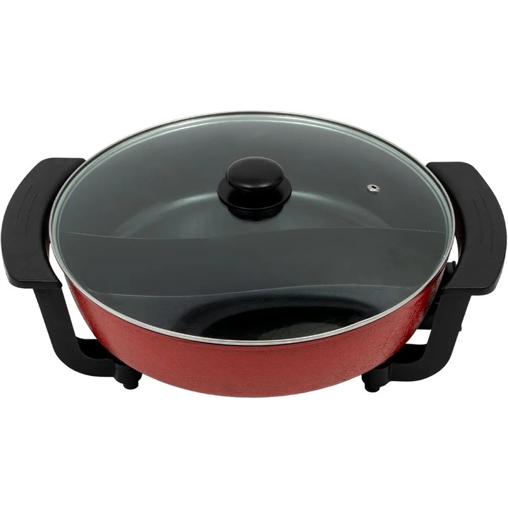 Hot pot electric, Yin Yang shabu shabu, 6 l, 30 cm, 1360 W, 2 camere, 5 trepte de temperatura, capac din sticla, negru