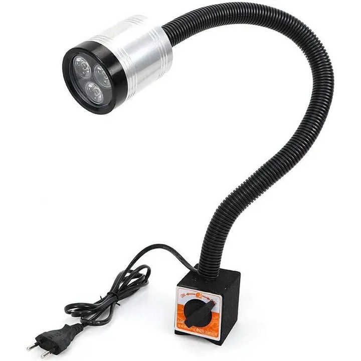 Lampa LED pentru utilaje, Lampa de lucru cu gat de lebada, 6 W, 110–220 V AC, Brat flexibil lung, Baza magnetica, Rezistenta la apa, Rotunda
