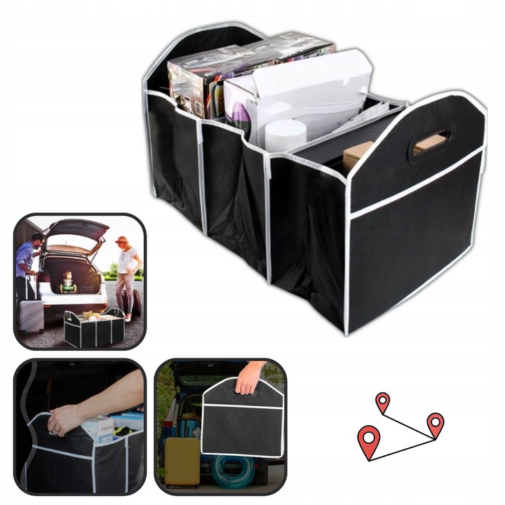 Autós rendszerező, összecsukható táska, 3 rekeszes, fekete, 54x33x32cm