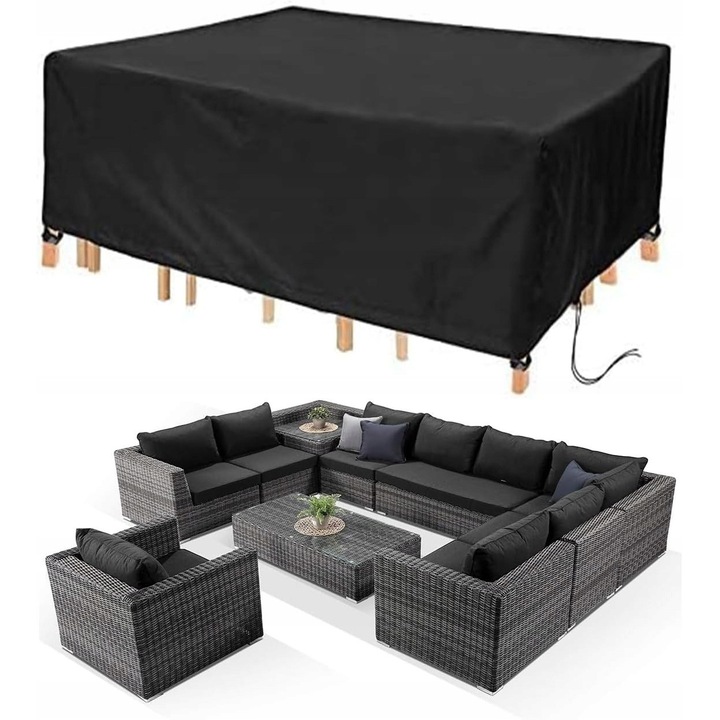 Husa pentru Mobilier de Gradina, 350x260x90cm, Waterproof, Neagra, Set cu Sac de Depozitare