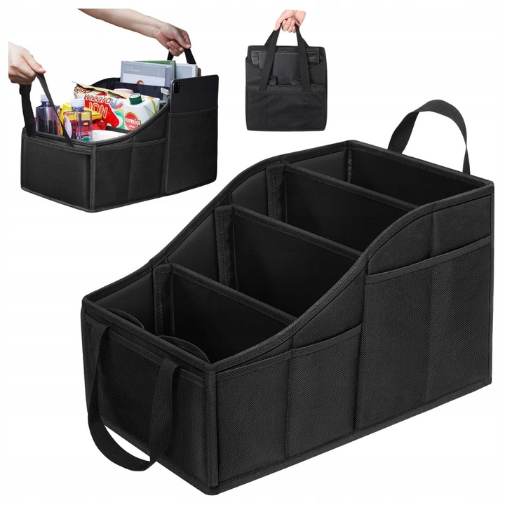 Autós rendszerező, 4 rekeszes, 4 italtartóval, fekete, ülés háttámlájára