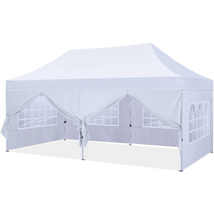 Cort Pavilion De Gradina, TOPSCAUNE®, 6x3 m, Cort Pliabil Cu Inaltime Reglabila 3 Trepte, Cort Evenimente Cu Pereti Si Ferestre Transparente, Impermeabil, Protectie Ploaie Si Zapada, Cadru Metalic Stabil, Montaj Rapid Pop-Up, Pentru Curte, Terasa, Alb