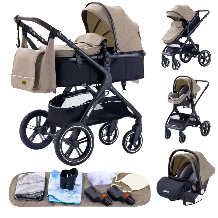Carucior 3 in 1, design versatil, culoare khaki, pliabil, cu 4 roti