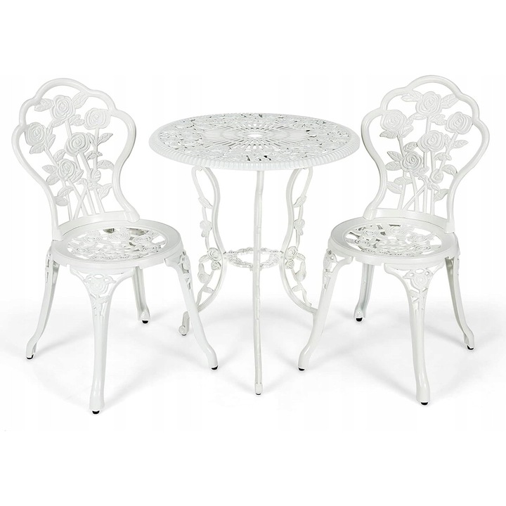 Set mobilier gradina, 3 piese, masa + 2 scaune, aluminiu, maro vintage cu motiv floral