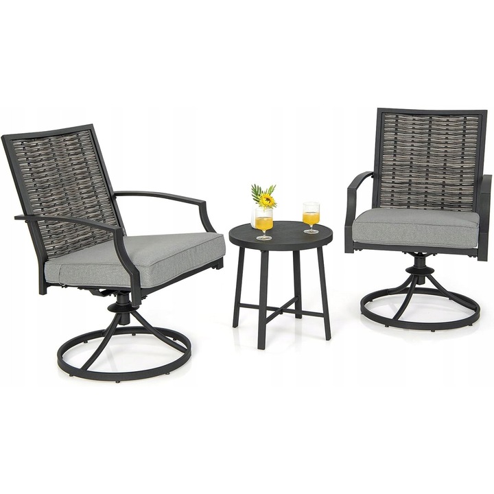 Set mobilier gradina, 3 piese, masa si 2 scaune rotative, rattan PE, gri-negru, dimensiuni scaun: 68x60x90cm, dimensiuni masa: 45x46cm