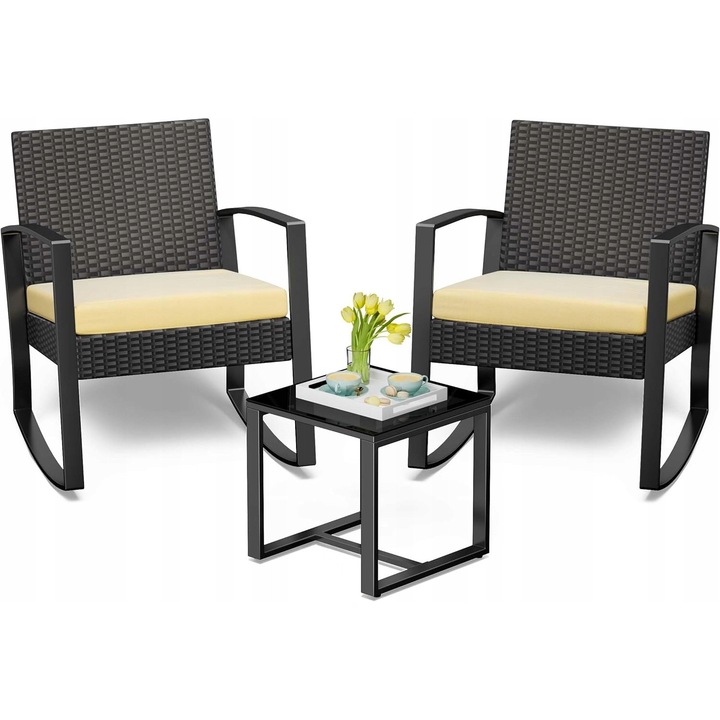 Set mobilier gradina, 3 piese, masa si 2 scaune, rattan PE, bej