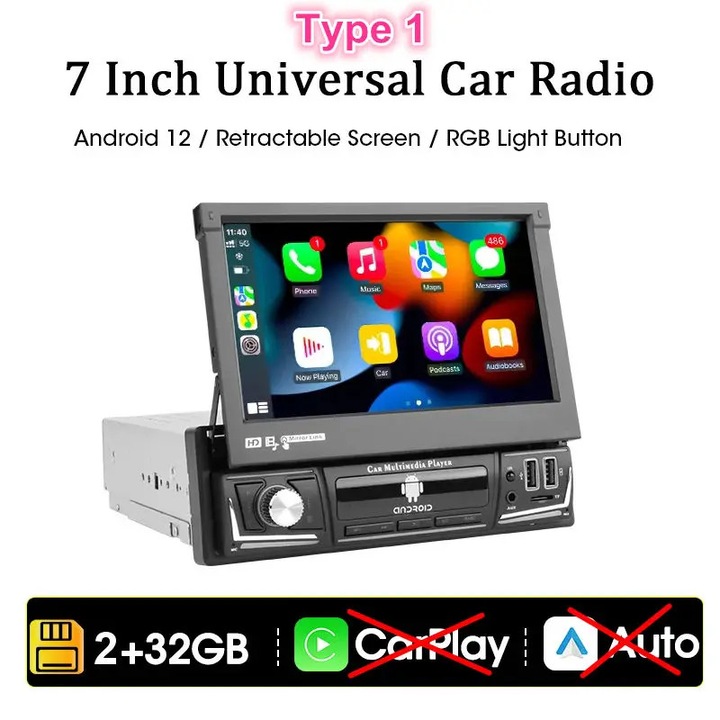 MP5 Player auto 1-DIN, Alb, ecran IPS 7" tactil, Android 8.0, Bluetooth, Wi-Fi, iluminare ambientala multicolor