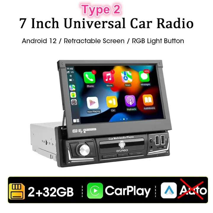 Player multimedia auto MP5 1 DIN, ecran IPS 7", Bluetooth, GPS, Negru