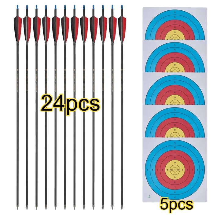 Sageti de tir cu arc, 24 bucati, carbon, varf din otel, lungime 800mm