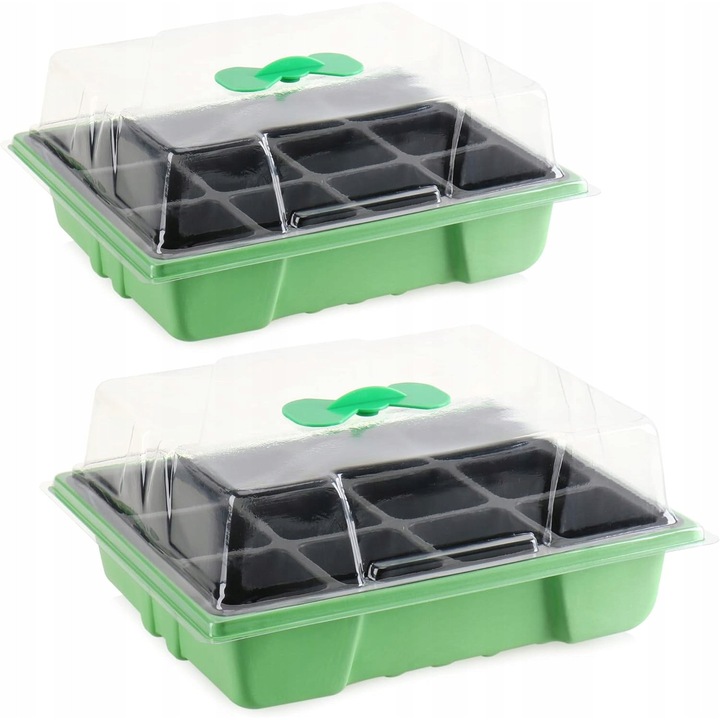 Set de mini sera pentru plante, 2 bucati, verde/negru/transparent, 23x19,5x5/10cm