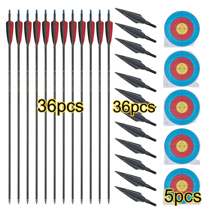 Sageti de tir cu arcul, 36 bucati, material carbon, varf din otel, lungime 800mm