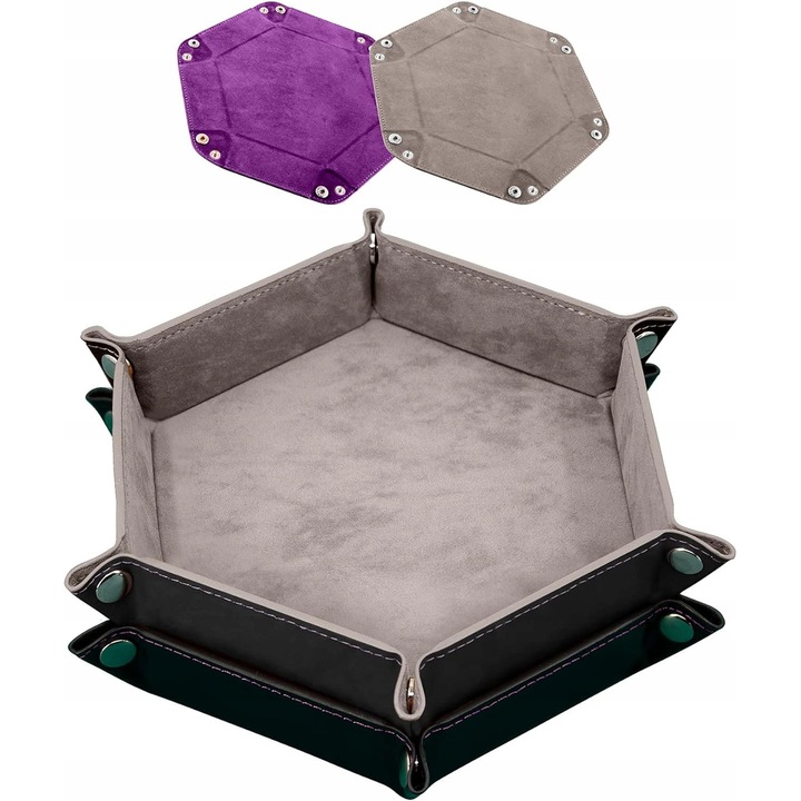 Комплект тавички за RPG игри, сиви и лилави, шестоъгълна форма, материал: PU кожа и кадифе