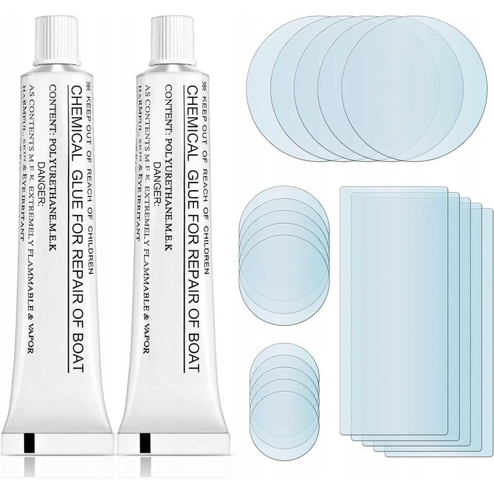 Set 20 benzi de reparare pentru piscine si saltele, transparente, cu lipici inclus, diverse forme