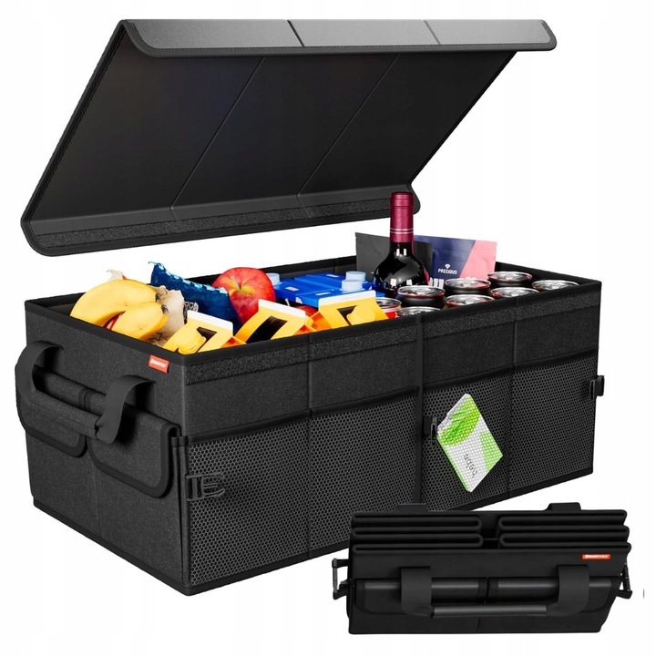 Összecsukható autós rendszerező, fekete, 55x35x27cm, 11 zsebbel, Oxford 600D anyag