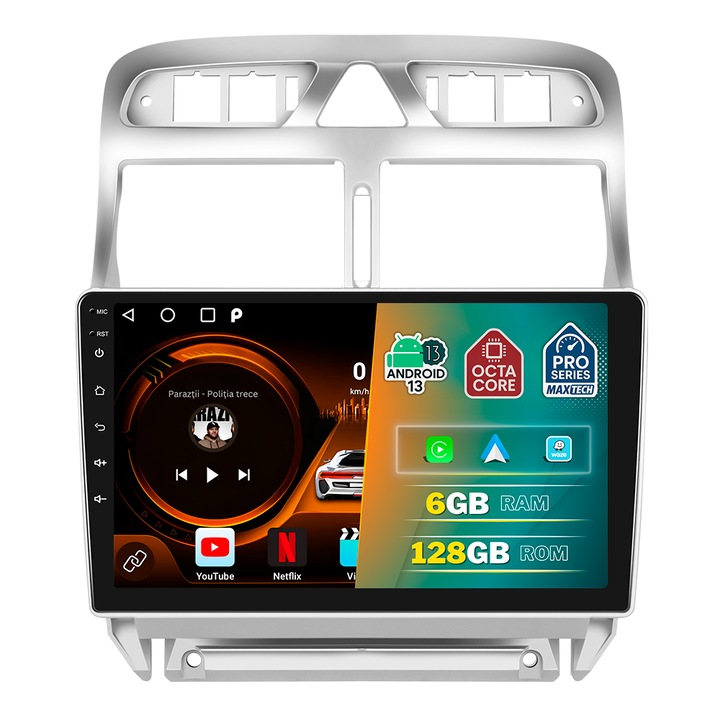 Navigatie Peugeot 307 (2002-2008) dedicata, MaxTech® PRO SERIES, 6 GB Ram 128 GB Rom OctaCore, Carplay & Android auto, Ecran 9” HD Touch, GPS, Wifi, Bluetooth, Radio, Waze