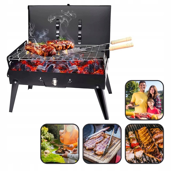 Gratar portabil, 42,8x22,7x40cm, otel vopsit, pentru camping si picnic, set accesorii