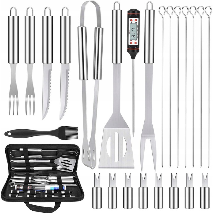 Set ustensile gratar 25 piese, inox, cu termometru digital, geanta de transport