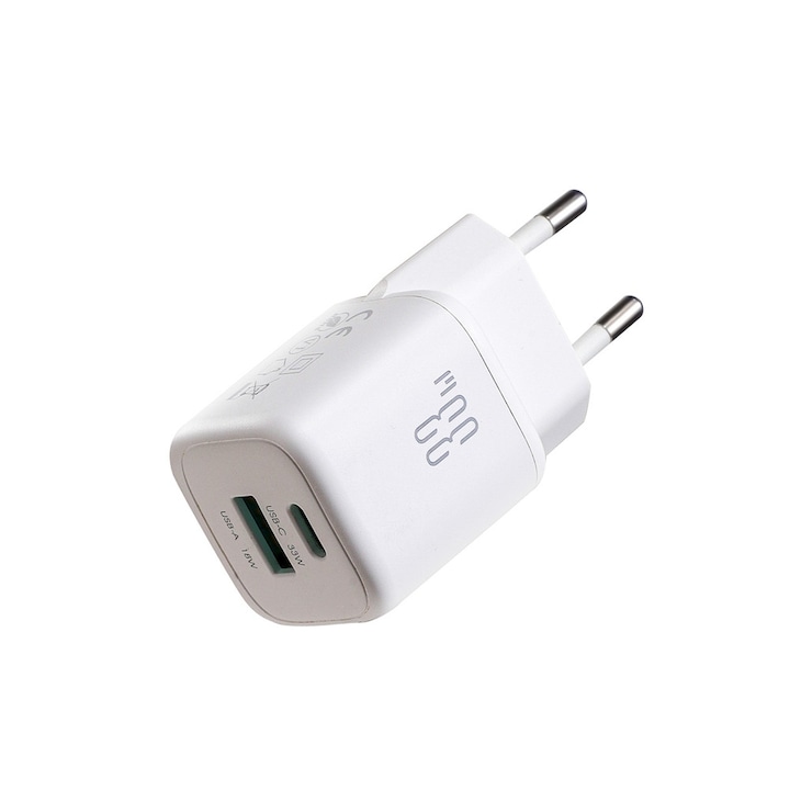 Зарядно устройство за мрежа Joyroom JR-TG7, 33W, 3A, 1xUSB-C, 1xUSB-A, Бяло