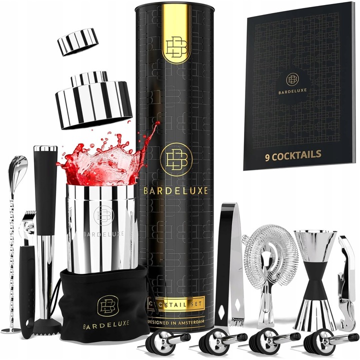 Set barman, Bardeluxe, shaker, accesorii din inox 304, cutie eleganta