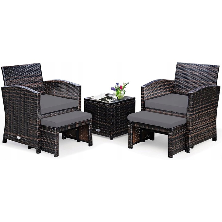 Set mobilier gradina, 2 fotolii, 2 taburete, 1 masa, tehnorattan PE, dimensiuni fotoliu 59x53,5x77,5cm, taburet 49x40x28cm, masa 40x40x40cm
