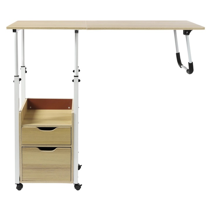 Noptieră modernă, lemn deschis/alb, reglabilă 70-88 cm, blat extensibil 40x40 cm, 2 sertare