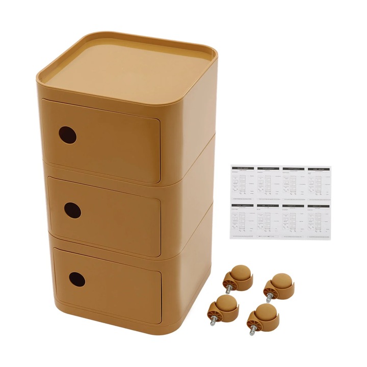 Noptieră cu 3 niveluri pe roți, galben, 32x32x63, mobilă modernă