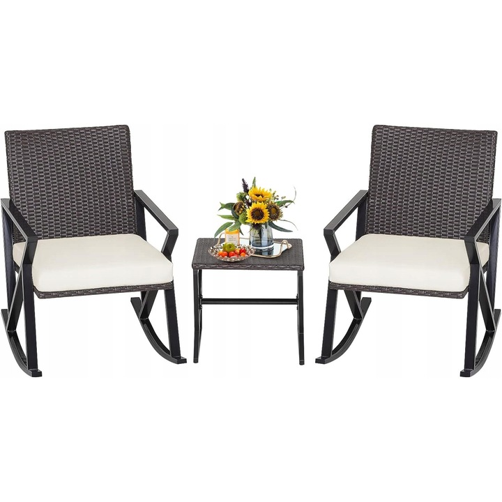 Set mobilier gradina, 3 piese, rattan PE, masa 45x45x43cm, 2 perne 54x54x8cm, crem