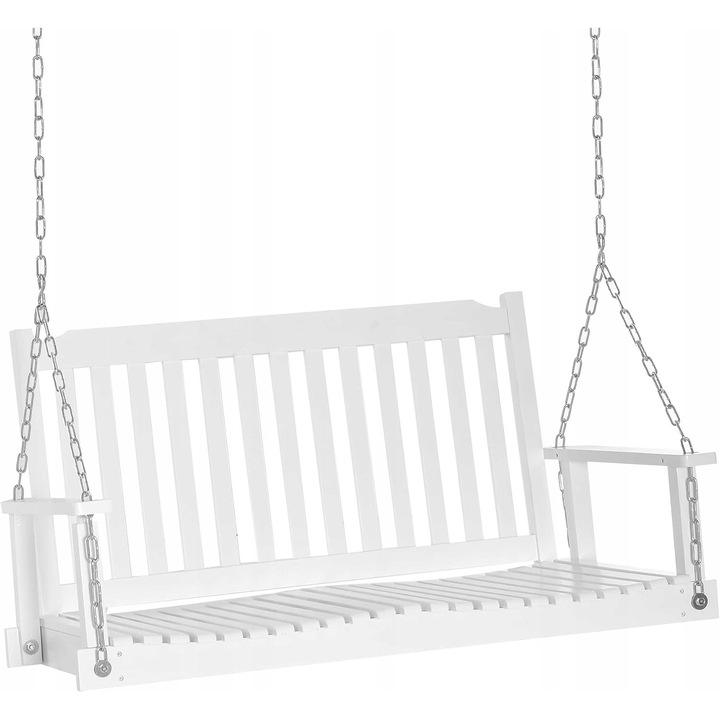 Banca suspendata din lemn pentru 2 persoane, alb, 117x60x60cm, capacitate 200kg, cu lanturi metalice incluse