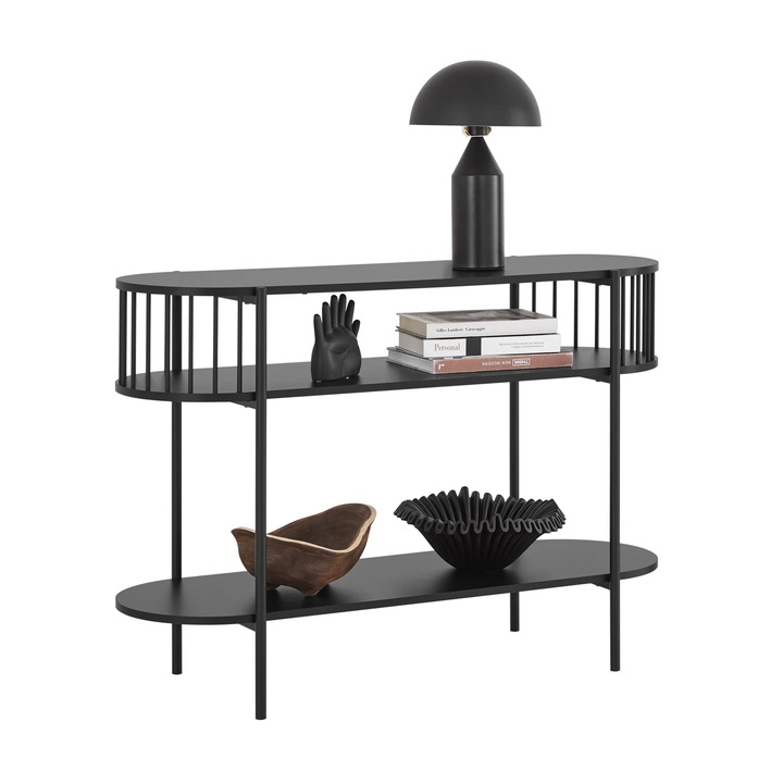 Masa consolă, 110x39x76cm, neagră, metal, design industrial, cu compartimente de depozitare