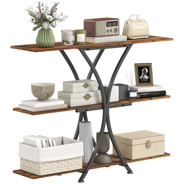 Masa consolă, culoare kaki închis, cadru metalic, 2 rafturi deschise, dimensiuni 110x30x91cm