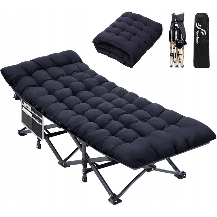 Pat turistic pliabil Sportneer, 188x71cm, 10cm grosime, gri inchis, cu 2 buzunare, capacitate 204kg, cu geanta de transport