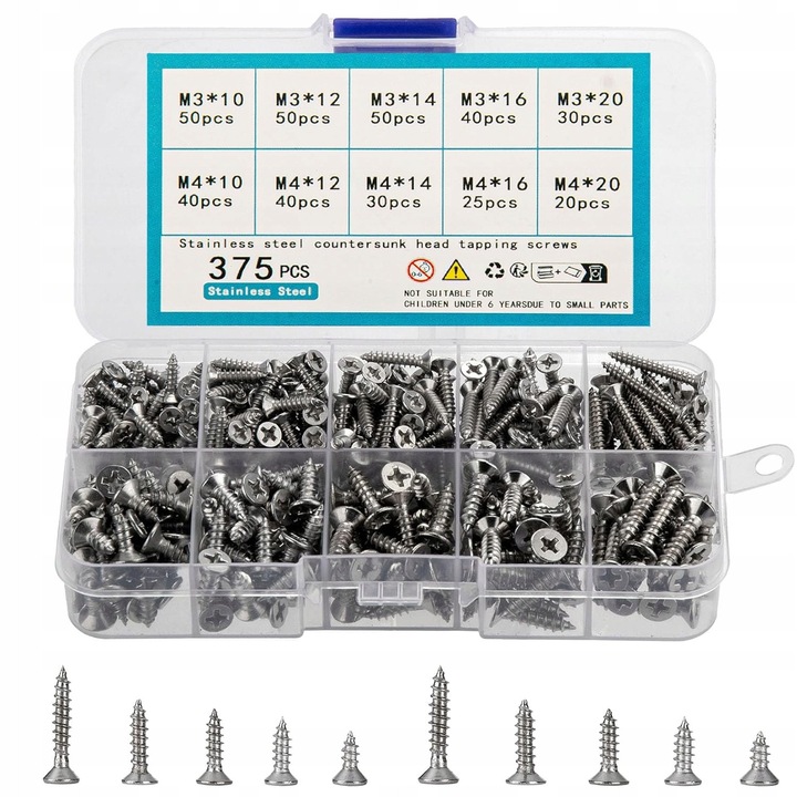 Suruburi autofiletante, set 375 bucati, M3 si M4, inox, argintiu