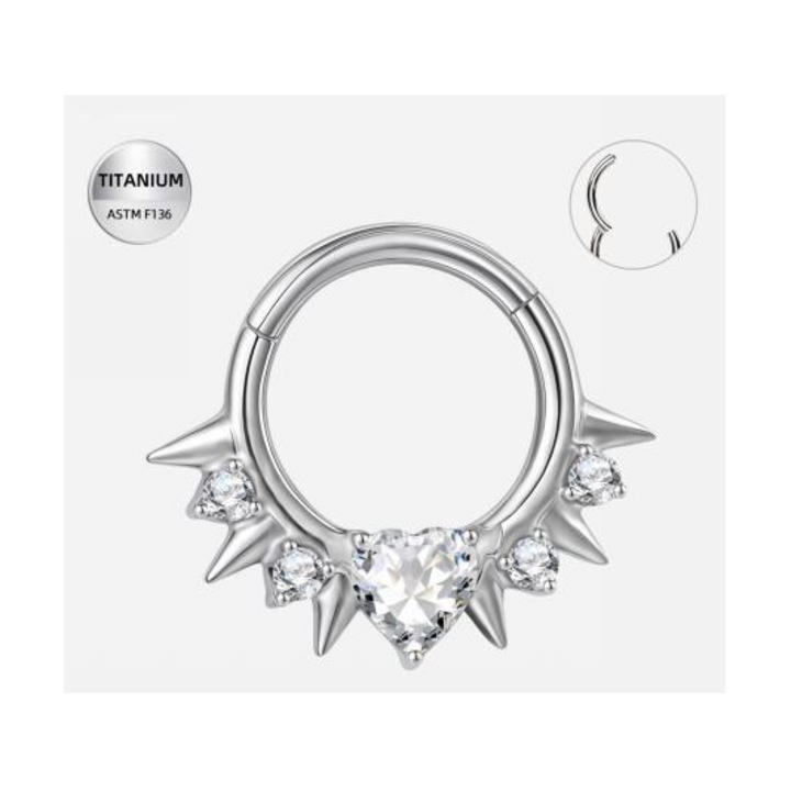 Piercing inel argintiu din titan cu inima si cristale – 1.2 × 8 mm, Funny Party Shop®