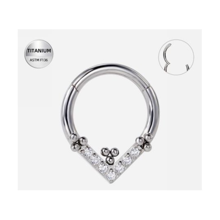Piercing inel argintiu din titan cu cristale in V– 1.2 × 8 mm, Funny Party Shop®