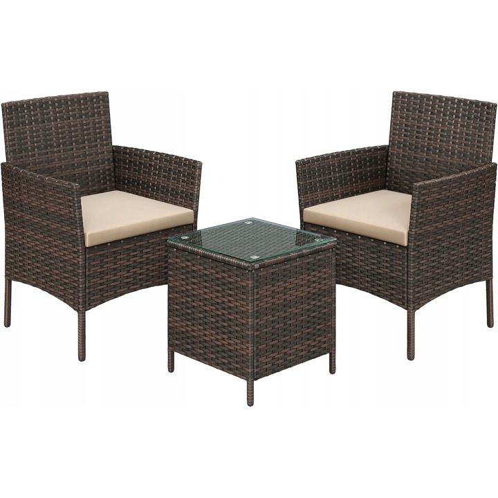 Set mobilier gradina, 3 piese, Songmics, rattan PE, 2 scaune si masa, brown-taupe, 56,5x54,5x81,5cm, 40x40x45,5cm