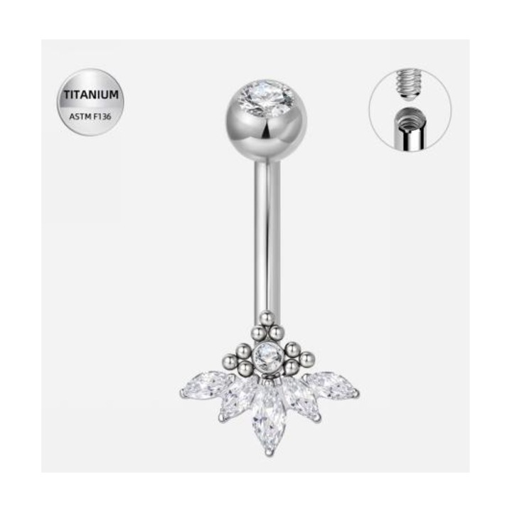 Piercing pentru buric din Titan ASTM F136, argintiu cu cristale zirconia, model floare eleganta-1.6x10 mm Funny Party Shop®