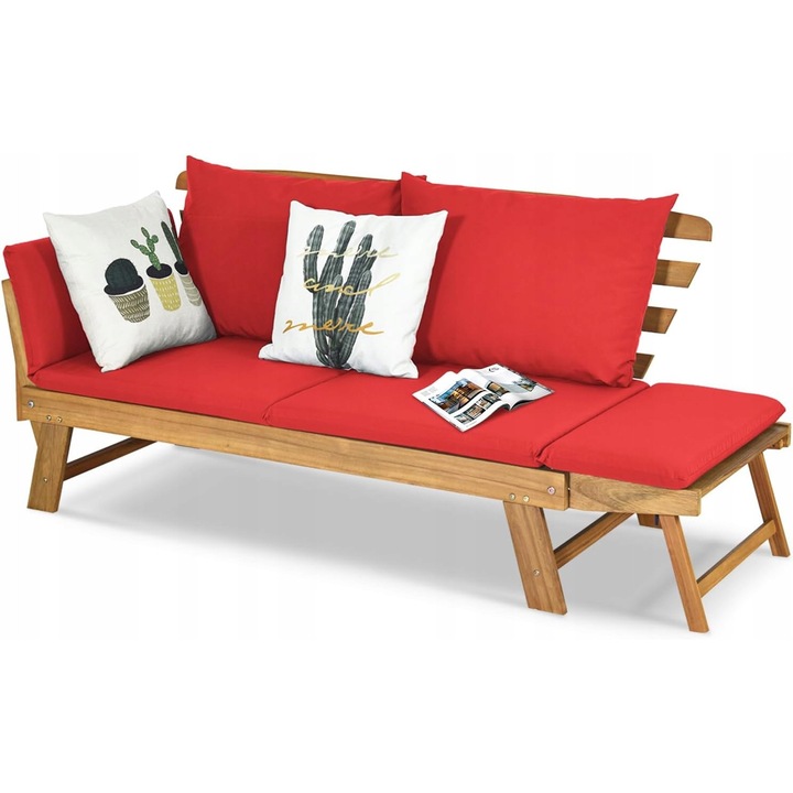 Banca de gradina din lemn, rosie, cu perne, 198x75cm, structura reglabila, capacitate 320 kg