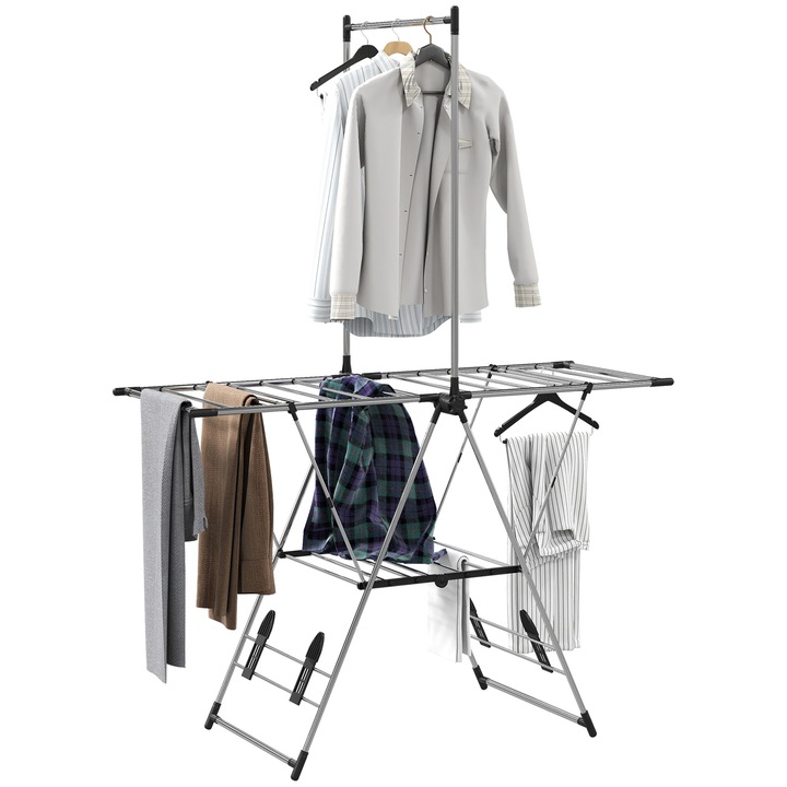 Stativ de uscat rufe pliabil, argintiu, 4 suporturi pentru pantofi, 139x62, 5x201cm