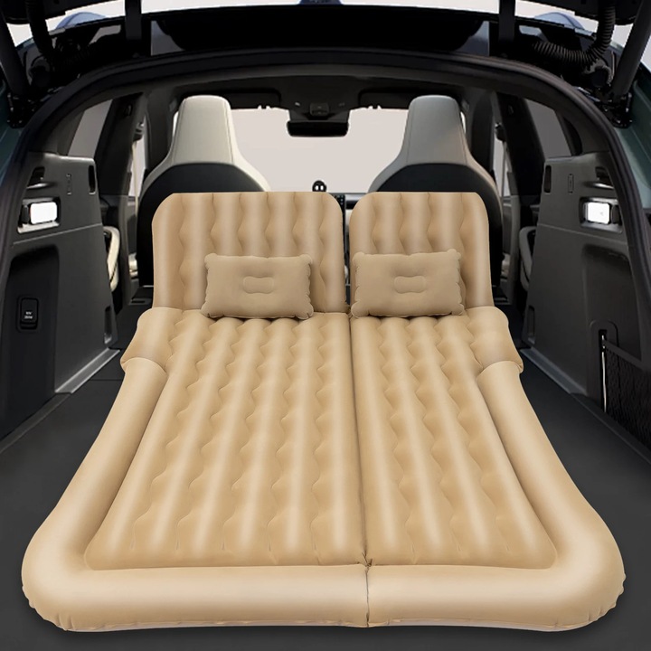 Saltea auto gonflabilă, bej, 2 tetiere detasabile, 170x120cm, set complet cu pompă și adaptor 12V