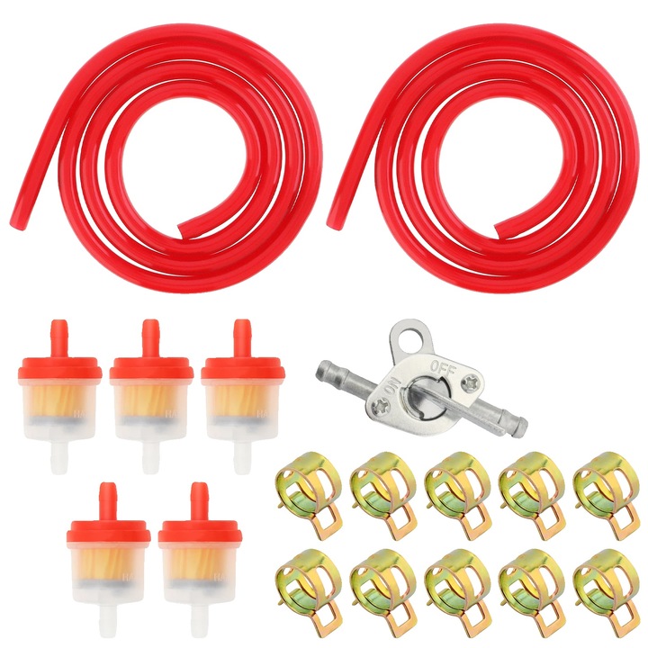 Kit furtun combustibil, filtre premium, instalare usoara, rosu, 1M, 5 filtre, 10 cleme