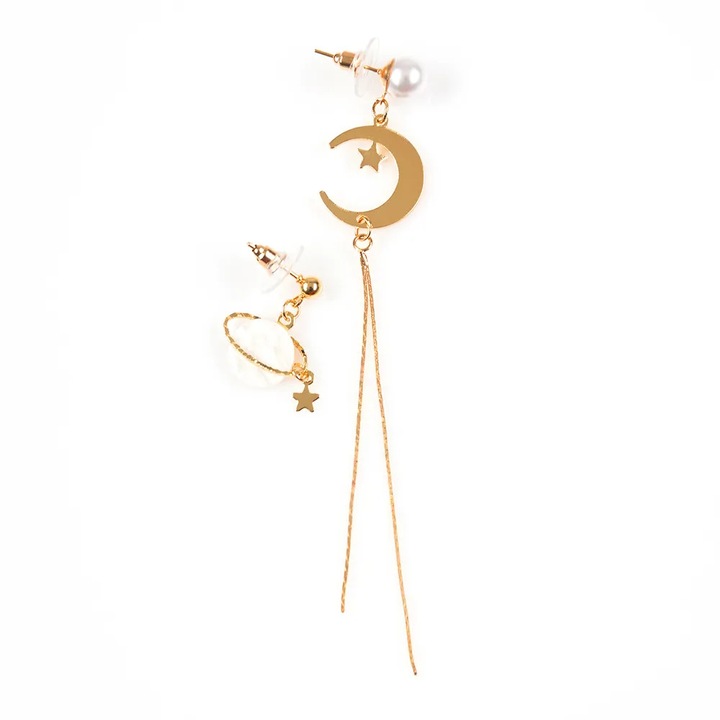 Cercei aurii asimetrici cu luna si planeta